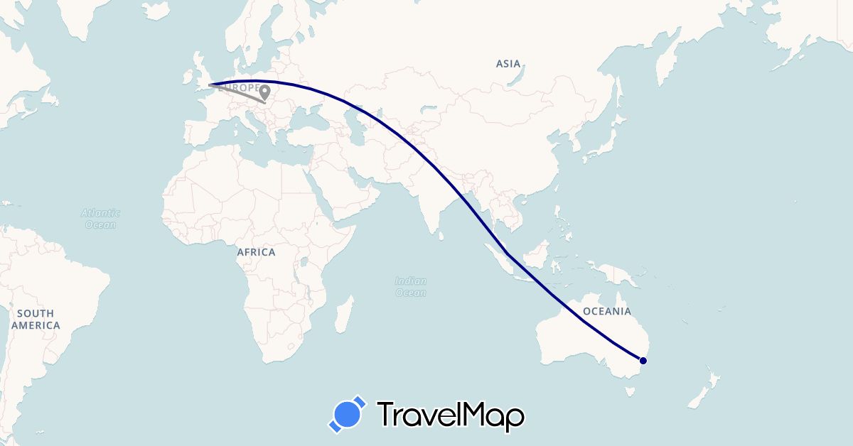 TravelMap itinerary: driving, plane in Australia, United Kingdom, Hungary, Singapore (Asia, Europe, Oceania)